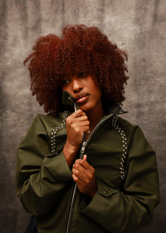 the JACKET in Olive Green, Beaded